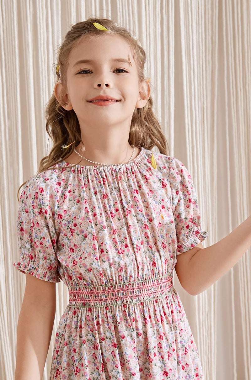 tiny sugar Girls Smocked Waist Soft Viscose Midi Dress Elastic Crewneck Casual Playwear Skater Dress with Pockets Pink Floral SS-8y - Image 2