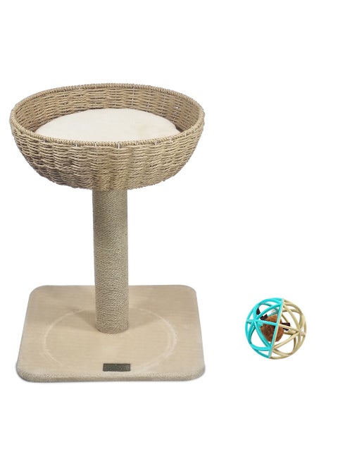 Cat tower with Wicker Basket, Sturdy cat activity center with Scratching post, Removable cushion, and Natural bowl-shaped cat tree, Interactive cat toy ball with mice, 53 cm Cat playground (Beige)