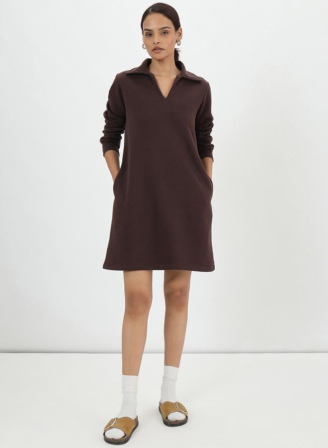 Femmella Coffee Brown Fleece Mini Shirt Dress - Image 1
