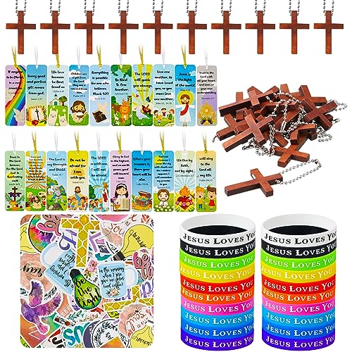 Cholemy 160 Pcs Easter Christian Party Favor 20 Silicone Wristband 20 Bible Verse Bookmark 20 Jesus Keychain 100 Religious Sticker for Christian Prize Religious Church GiftCross Style - Image 1