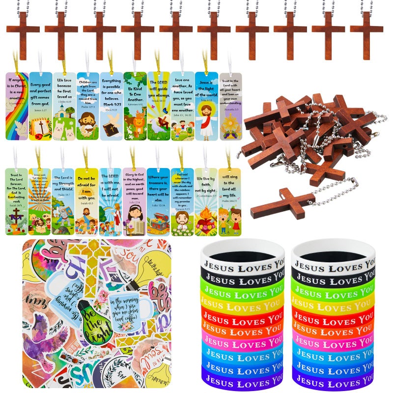 Cholemy 160 Pcs Easter Christian Party Favor 20 Silicone Wristband 20 Bible Verse Bookmark 20 Jesus Keychain 100 Religious Sticker for Christian Prize Religious Church GiftCross Style - Image 3