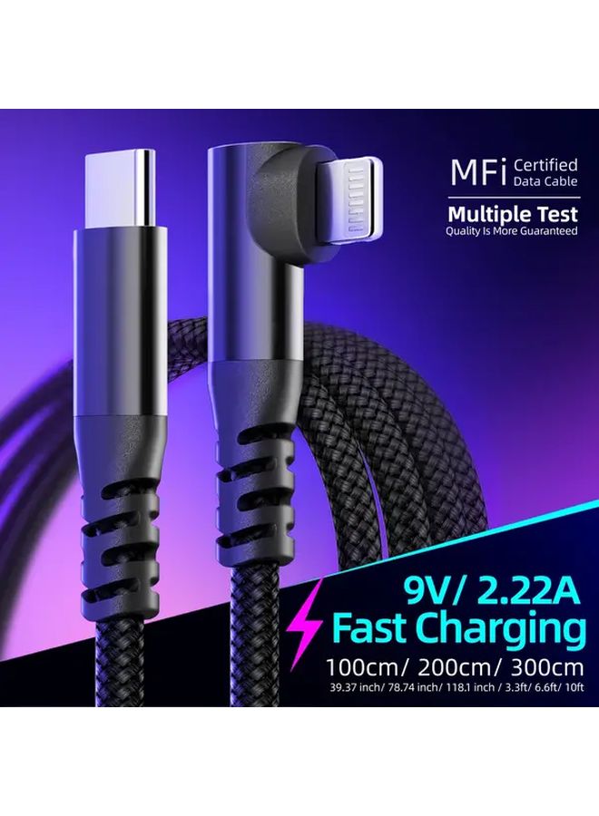 Certified 20W Fast Charging Cable For Iphone 3m Black L Shaped 90 Degree Type C To Lightning - Image 1