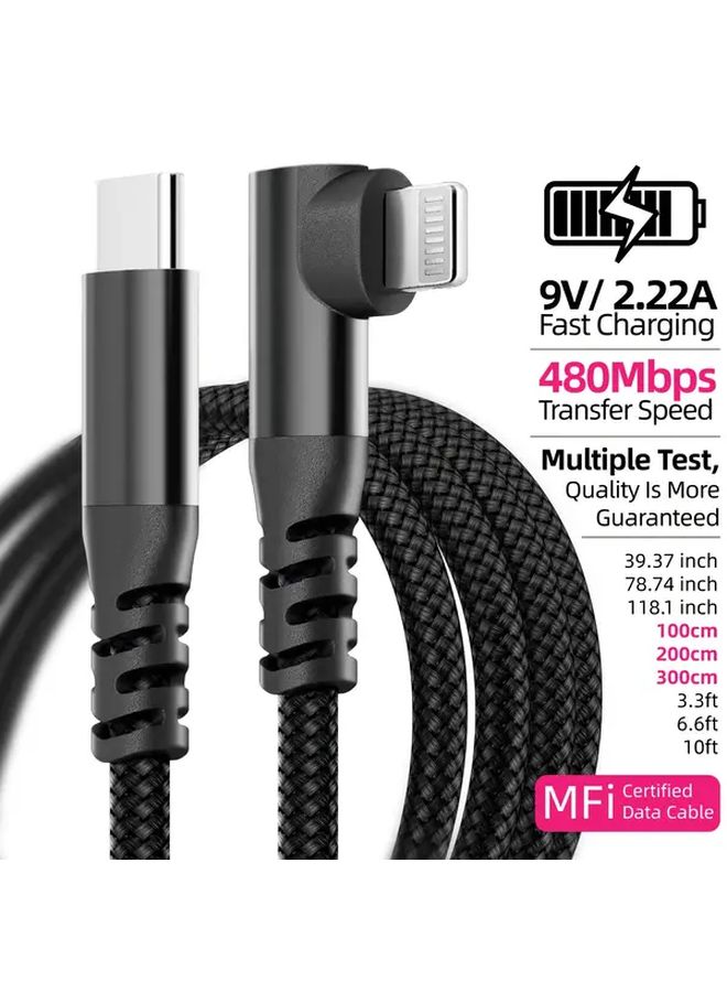 Certified 20W Fast Charging Cable For Iphone 3m Black L Shaped 90 Degree Type C To Lightning - Image 4
