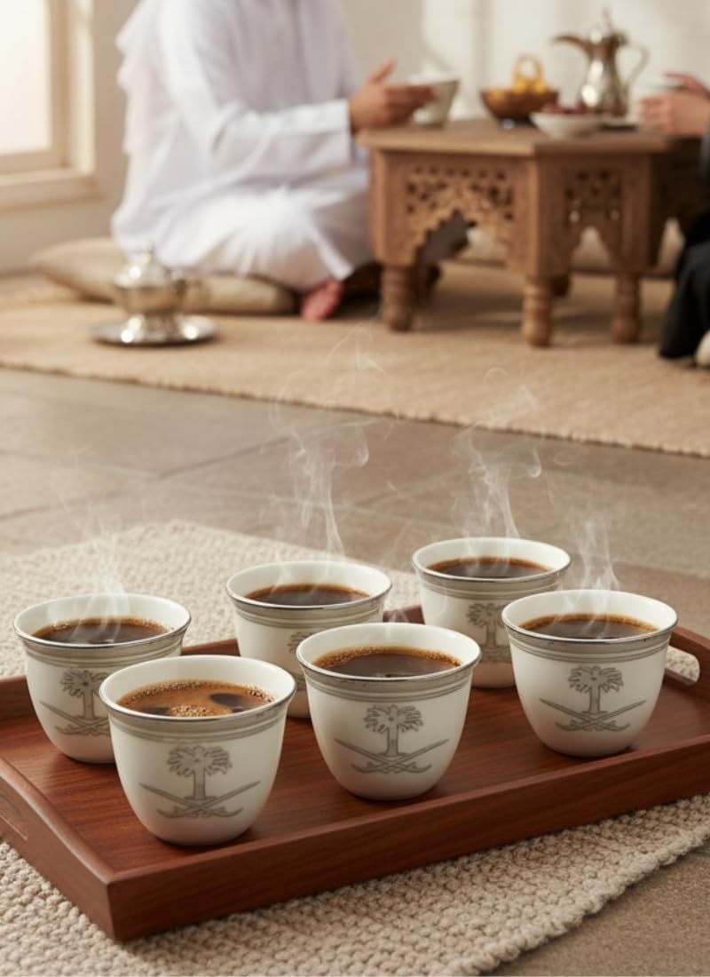 المورِّد المورد مجموعة من 12 كوب شاي عربي تقليدي | بورسلين أبيض وفضي بتصميم معقد | مجموعة أكواب شاي فاخرة لتقديم القهوة العربية والقهوة والشاي - Image 5