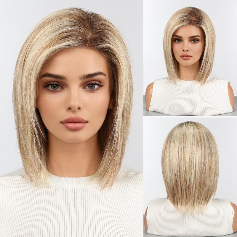 starluck Human Hair Wig Lace Front Wigs Real Human Hair Wigs For Women Wig Side Part 652 HD Lace Ombre Light Blonde Mixed Light Brown 12 Inch Realistic and Natural for Daily Party Use - Image 2