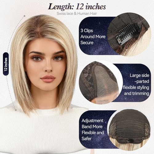 starluck Human Hair Wig Lace Front Wigs Real Human Hair Wigs For Women Wig Side Part 652 HD Lace Ombre Light Blonde Mixed Light Brown 12 Inch Realistic and Natural for Daily Party Use - Image 3