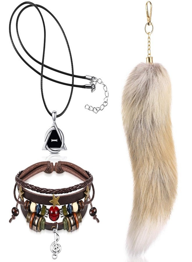 JaGely 3 Pcs Therian Grunge Accessories for Women Therian Pride Symbol Necklace Fairycore Bracelets Fluffy Therian Tail Keychain for Cosplay Gift(Light Brown) - Image 1