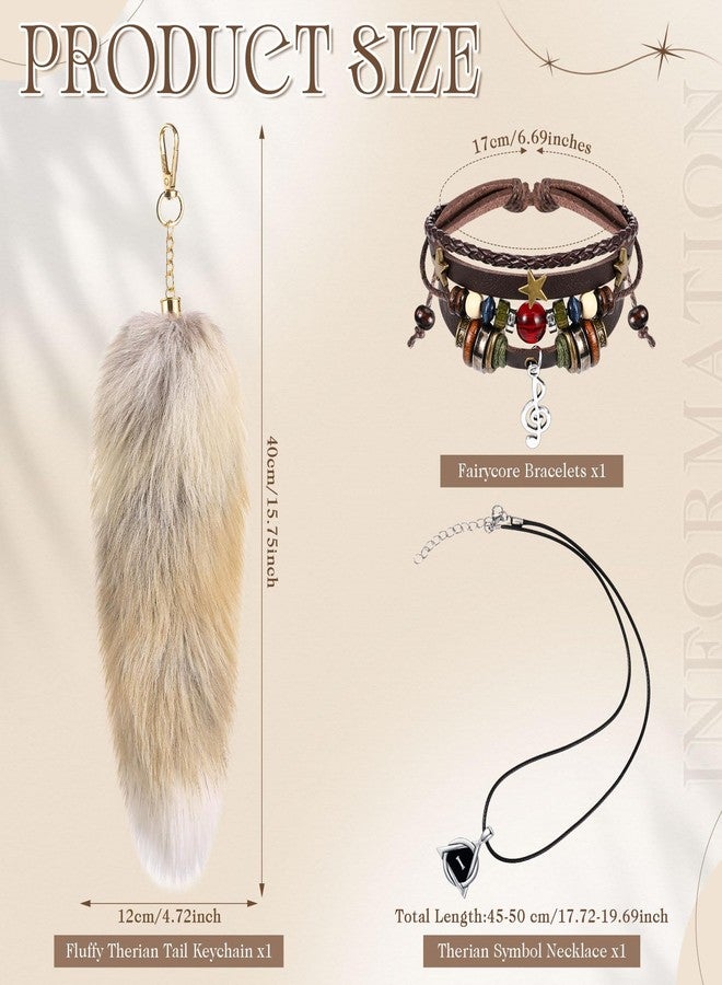 JaGely 3 Pcs Therian Grunge Accessories for Women Therian Pride Symbol Necklace Fairycore Bracelets Fluffy Therian Tail Keychain for Cosplay Gift(Light Brown) - Image 3