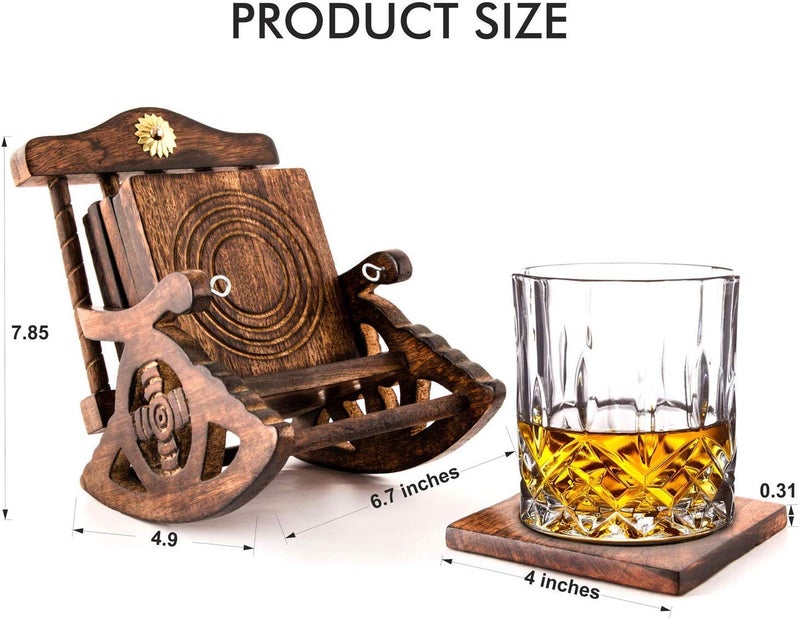 SKAFA Wooden Set of 6 Coasters with Mini Chair Stand, 5.5X6X4 Inches, Brown - Image 2