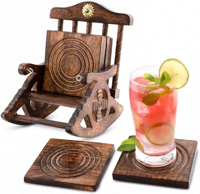 SKAFA Wooden Set of 6 Coasters with Mini Chair Stand, 5.5X6X4 Inches, Brown - Image 1