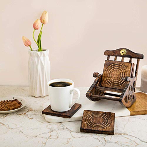 SKAFA Wooden Set of 6 Coasters with Mini Chair Stand, 5.5X6X4 Inches, Brown - Image 3