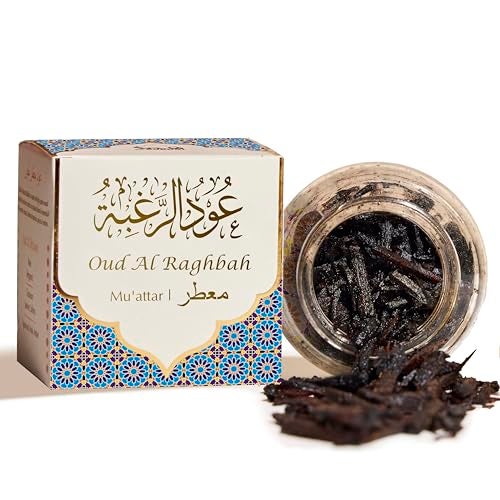 Oud Al Raghbah Muattar Bakhoor by Dukhni 1 jar X 40 Grams Arabic Bakhoor Incense Aromatic Wood Chips Zesty Woody Oud Blend Perfect for Prayer Time Ramadan Eid Gifts