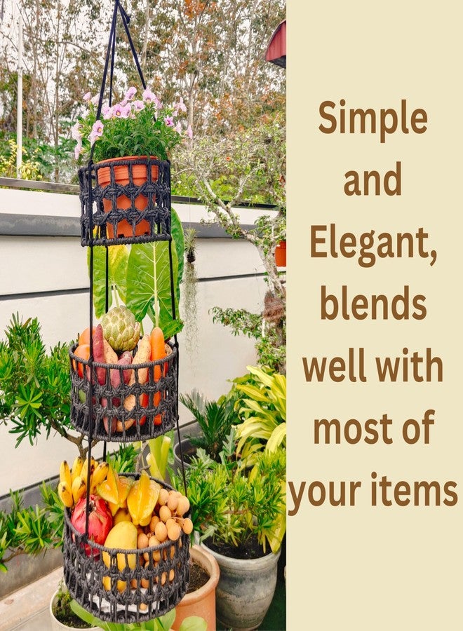 Maxona 1 Pack 3 Tier Black Color Hanging Basket- 3 Pcs Different Size Pape Rope Hanging Storage Basket Suitable for Plant and Kitchen, Hanging Planter Fruit Vegetable Holder Hanger, Indoor Boho Décor - Image 5