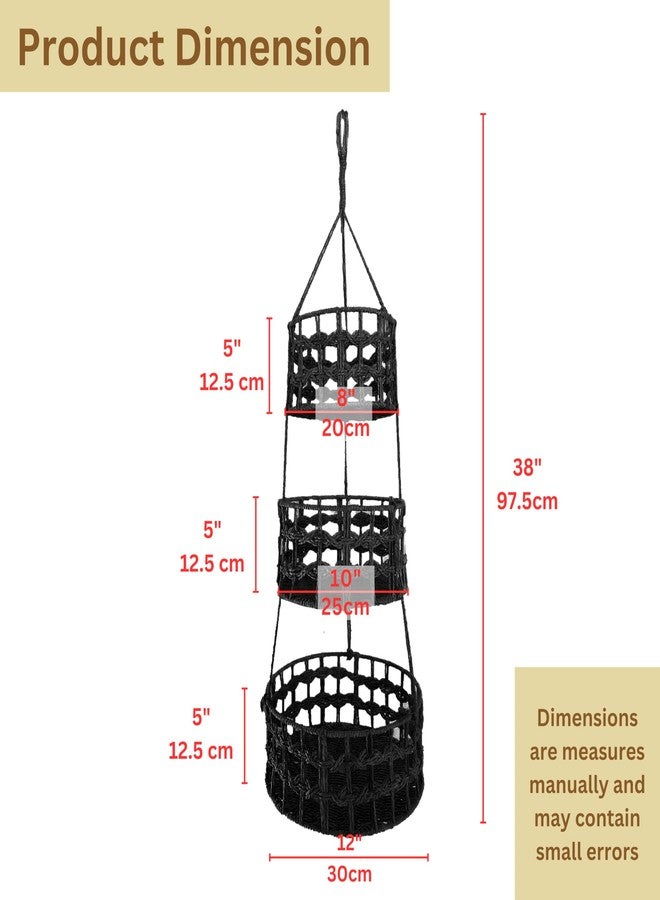 Maxona 1 Pack 3 Tier Black Color Hanging Basket- 3 Pcs Different Size Pape Rope Hanging Storage Basket Suitable for Plant and Kitchen, Hanging Planter Fruit Vegetable Holder Hanger, Indoor Boho Décor - Image 3