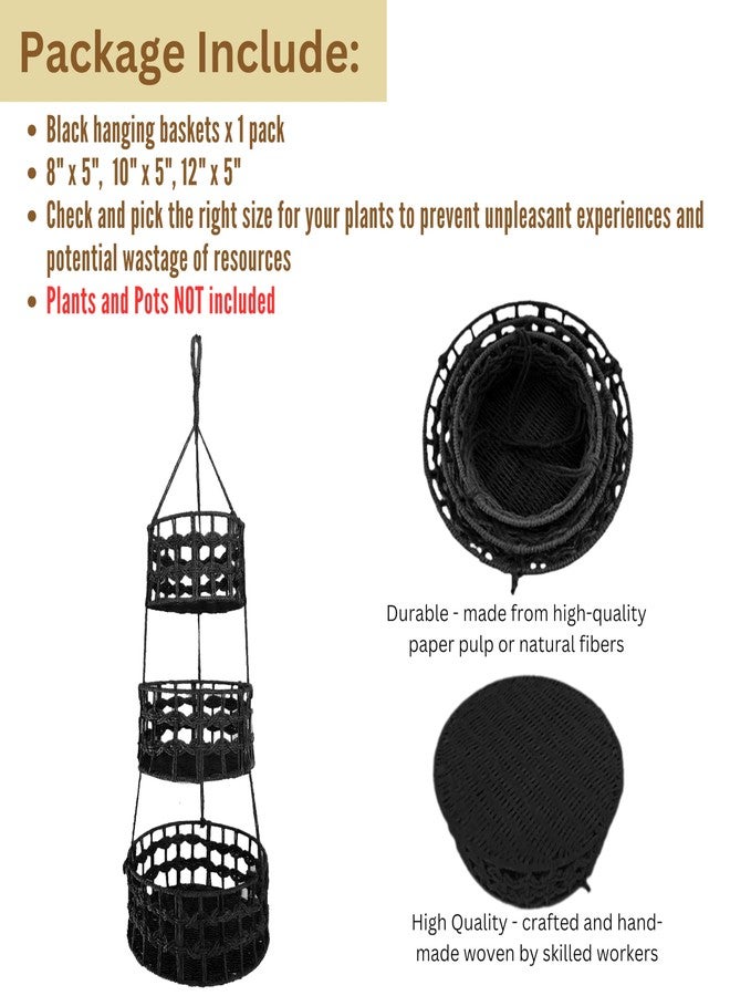 Maxona 1 Pack 3 Tier Black Color Hanging Basket- 3 Pcs Different Size Pape Rope Hanging Storage Basket Suitable for Plant and Kitchen, Hanging Planter Fruit Vegetable Holder Hanger, Indoor Boho Décor - Image 2