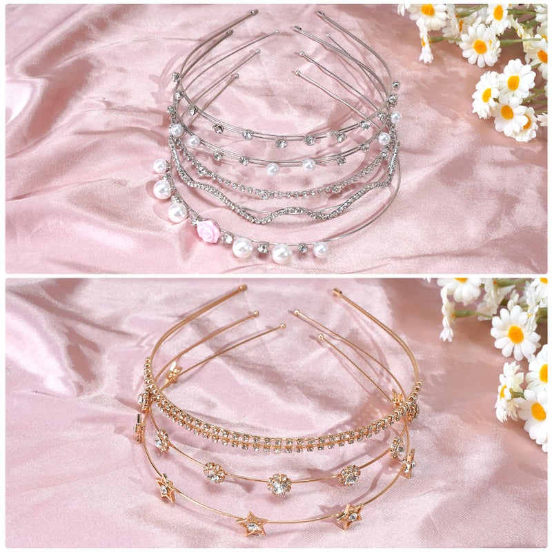Yxiang 8PCS Crystal Headbands for Women, Pearls Flower Hairbands Fashion Rhinestone Headband Gold Sliver Metal Decorative Headpiece Headdress Kid Girl Women Bride - Image 2