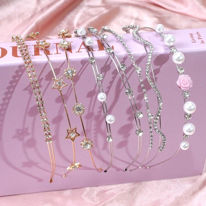 Yxiang 8PCS Crystal Headbands for Women, Pearls Flower Hairbands Fashion Rhinestone Headband Gold Sliver Metal Decorative Headpiece Headdress Kid Girl Women Bride - Image 3