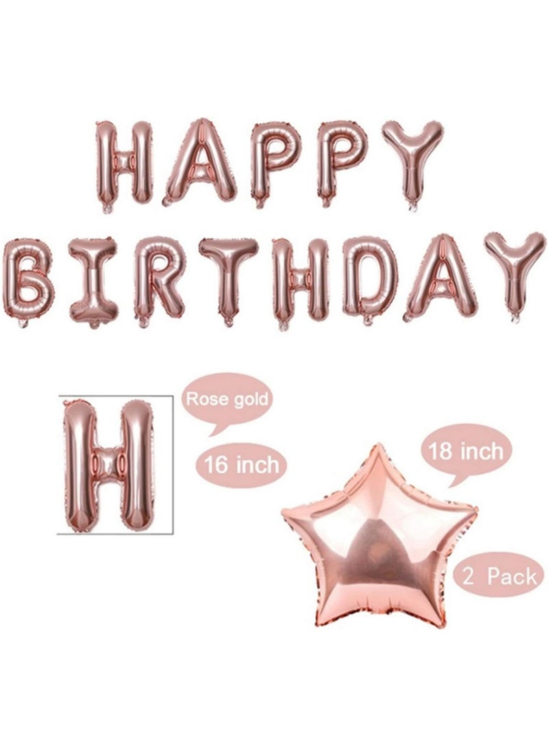 طقم بالونات عيد ميلاد – وردي ذهبي يحتوي على: • 13 قطعة من بالونات الحروف "HAPPY BIRTHDAY" • 2 بالون نجمة عملاقة من رقائق معدنية • 4 بالونات كونفيتي • 11 بالون لاتكس مثالي لتزيين حفلات عيد الميلاد وتوفير مستلزماتها. - Image 4