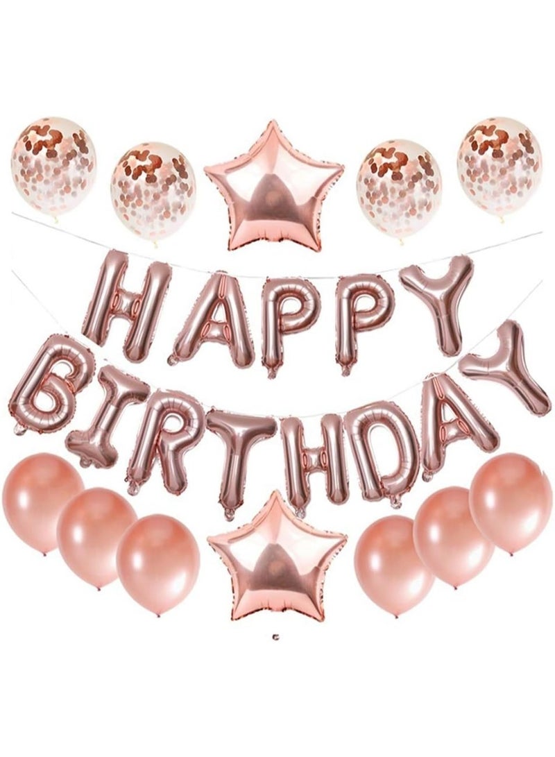 طقم بالونات عيد ميلاد – وردي ذهبي يحتوي على: • 13 قطعة من بالونات الحروف "HAPPY BIRTHDAY" • 2 بالون نجمة عملاقة من رقائق معدنية • 4 بالونات كونفيتي • 11 بالون لاتكس مثالي لتزيين حفلات عيد الميلاد وتوفير مستلزماتها. - Image 1