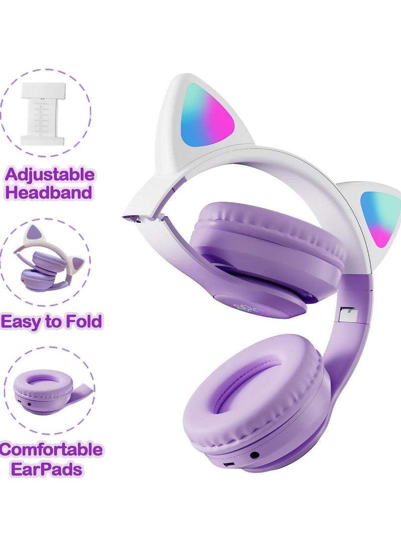 Excefore Wireless Bluetooth Headphones Kids Over-Ear Cat Ear LED Light Up Foldable for Girls Toddlers Fire Tablet/Laptop/iPad/School - Image 3