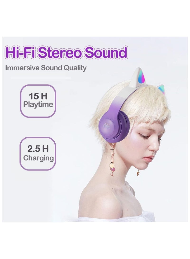 Excefore Wireless Bluetooth Headphones Kids Over-Ear Cat Ear LED Light Up Foldable for Girls Toddlers Fire Tablet/Laptop/iPad/School - Image 5