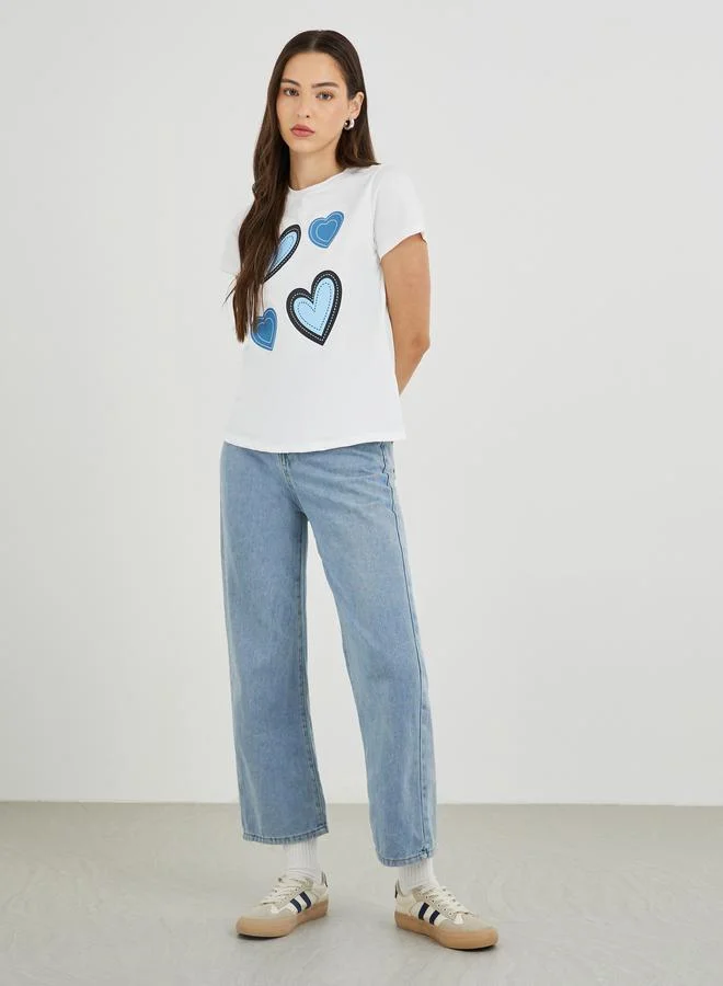 تايك تو Take Two Women White Heart Graphic Short Sleeve T-Shirt