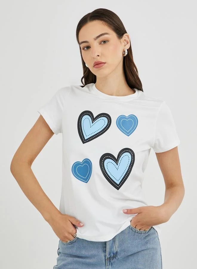 Take Two Take Two Women White Heart Graphic Short Sleeve T-Shirt