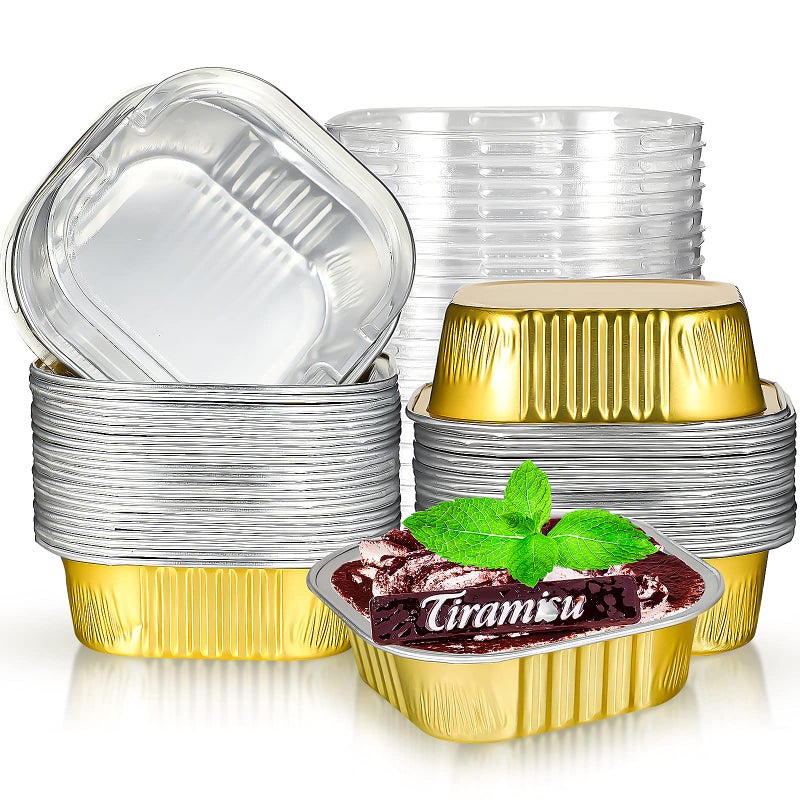 Geiserailie 40 Sets Square Aluminum Foil Cake Pan 130 ml 44 Ounces Mini Disposable Dessert Cupcake Cup Pan with Lids Flan Baking Cups for Wedding Birthday PartyGolden