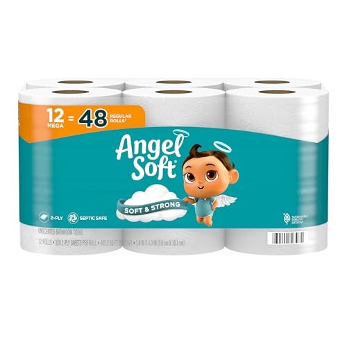 Angel Soft Toilet Paper, 12 Mega Rolls = 48 Regular Rolls, Soft and Strong Toilet Tissue - Image 1