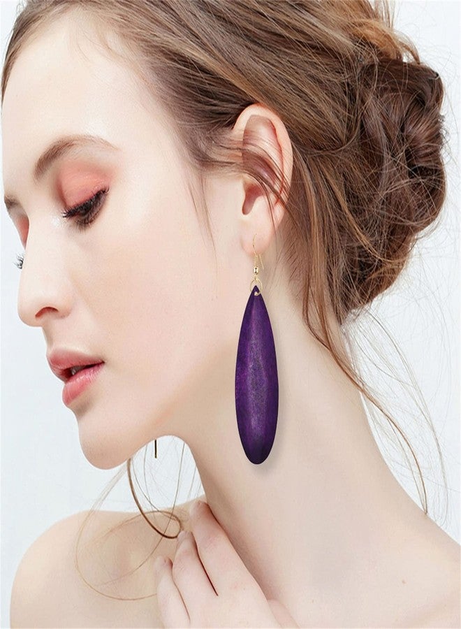 KVANU Bohemian Retro Black Brown Natural Wooden African Teardrop Dangle Drop Earrings Lightweight Handmade Long Big Vintage Wood Geometric Earrings for Women (Purple) - Image 4