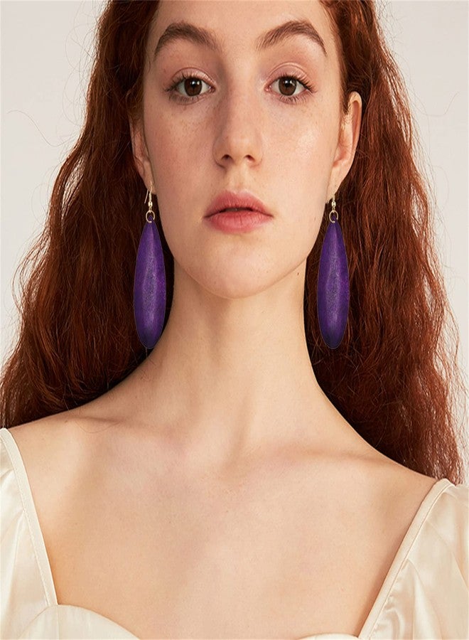 KVANU Bohemian Retro Black Brown Natural Wooden African Teardrop Dangle Drop Earrings Lightweight Handmade Long Big Vintage Wood Geometric Earrings for Women (Purple) - Image 2