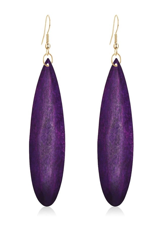 KVANU Bohemian Retro Black Brown Natural Wooden African Teardrop Dangle Drop Earrings Lightweight Handmade Long Big Vintage Wood Geometric Earrings for Women (Purple) - Image 1