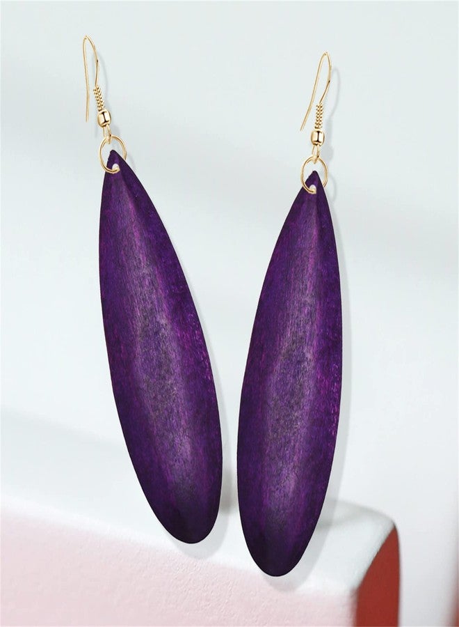 KVANU Bohemian Retro Black Brown Natural Wooden African Teardrop Dangle Drop Earrings Lightweight Handmade Long Big Vintage Wood Geometric Earrings for Women (Purple) - Image 5