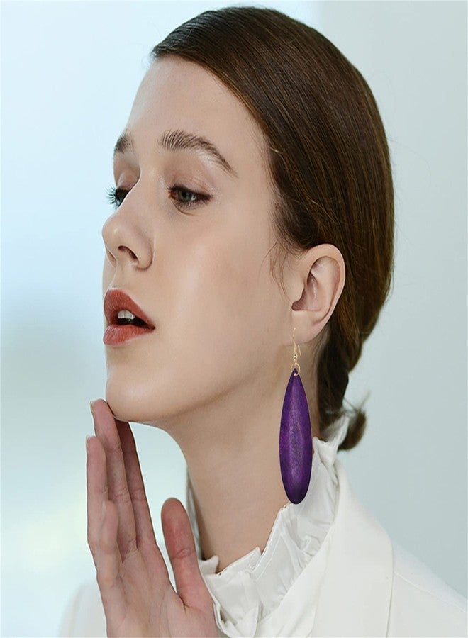 KVANU Bohemian Retro Black Brown Natural Wooden African Teardrop Dangle Drop Earrings Lightweight Handmade Long Big Vintage Wood Geometric Earrings for Women (Purple) - Image 3