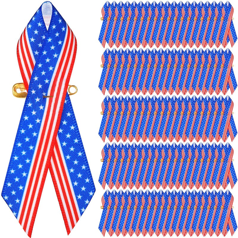 Yilloog Veterans Day Gifts Patriotic Ribbon Pins Bulk Red White Blue Stripe American Flag Satin Awareness Ribbon with Safety Pins for National Police Memorial200 Pcs