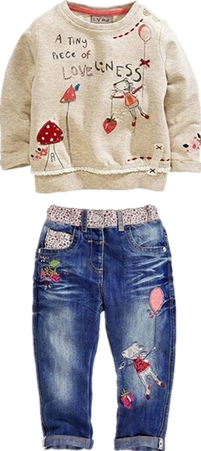LUKYCILD Toddler Girl Clothes Baby Girl Long Sleeve Top + Jeans Pants with Pockets 2 Piece Outfit Cartoon Clothing Set - Image 1