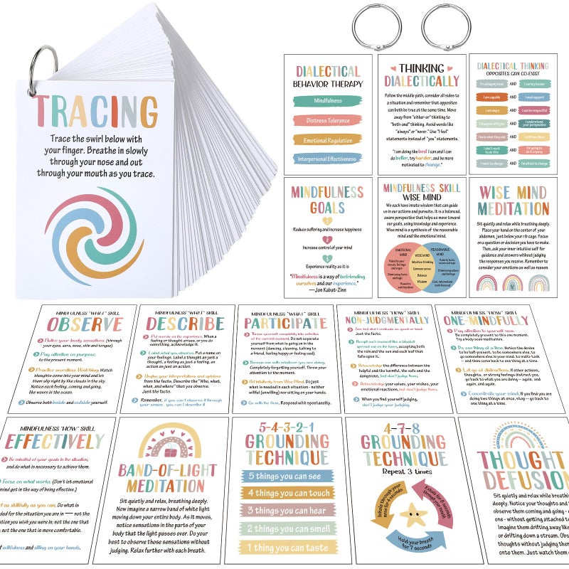 Marspark 48 Pcs DBT Flashcards - Dialectical Behavior Therapy Coping Skills Cards with Binder Rings, Anxiety Coping Skills, Cognitive Distortions, DBT Affirmations Mental Health Counseling Card Deck - Image 1