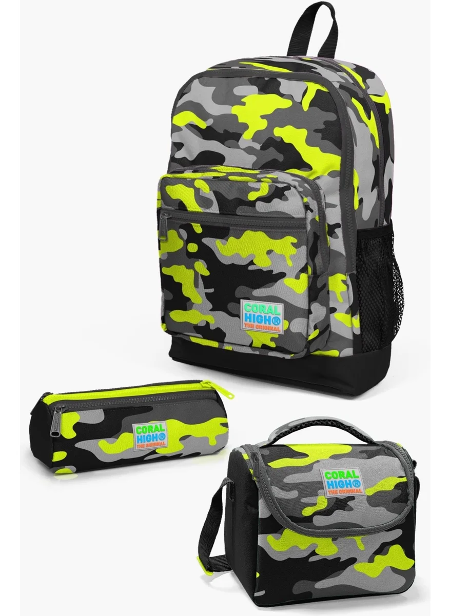 CORAL HIGH Kids Black Gray Camouflage Patterned 3-Piece School Bag Set SET0123117