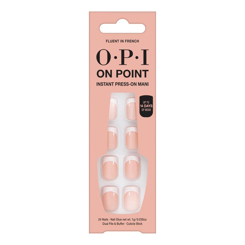OPI On Point Fluent in French | Short Round Nude Pink & White French Tip Press On Nails | With Nail Glue | Long Lasting, Reusable, Non-damaging - Image 1