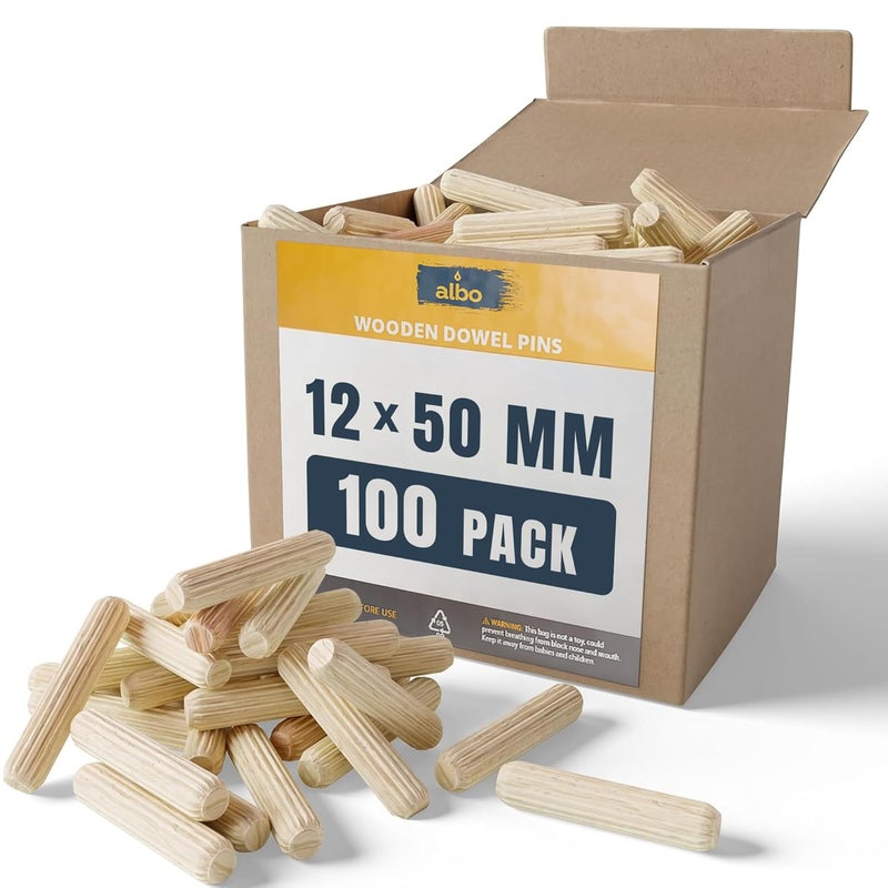 ALBO Wooden Dowel Pins 12mm x 50mm Fluted Wood Dowels Rods 100 Pack Hardwood Crafts Dowel Pegs - Image 1