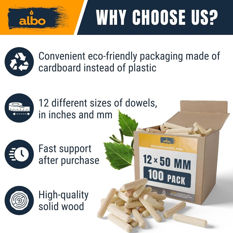 ALBO Wooden Dowel Pins 12mm x 50mm Fluted Wood Dowels Rods 100 Pack Hardwood Crafts Dowel Pegs - Image 5