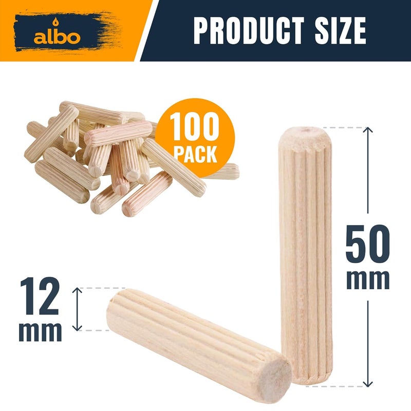 ALBO Wooden Dowel Pins 12mm x 50mm Fluted Wood Dowels Rods 100 Pack Hardwood Crafts Dowel Pegs - Image 2