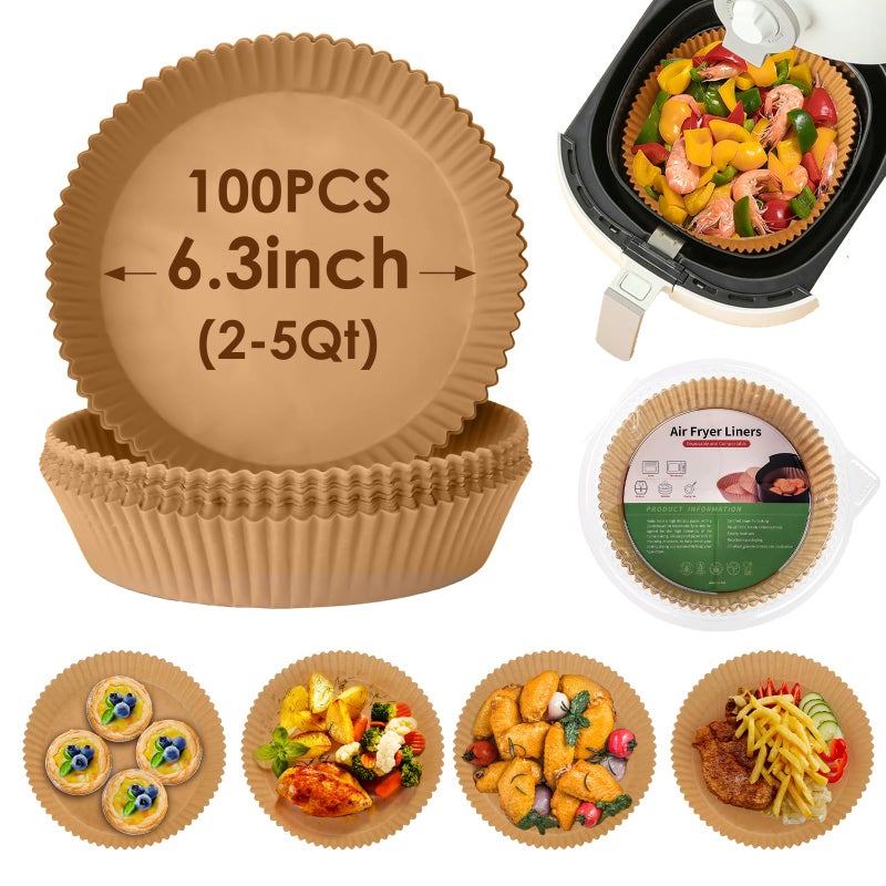 LOYAL SEA Air Fryer Disposable Paper Liner 100Pcs Air Fryer Airfryer Parchment Paper Liners Round Nonstick Grease Proof Bakery Baking Paper for Air Fryer Basket Roasting Oilproof Food Grade 63 Inch 