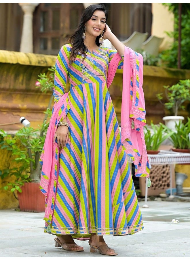 AKS Leheriya Multicolor Anarkali with Dupatta  - Image 3