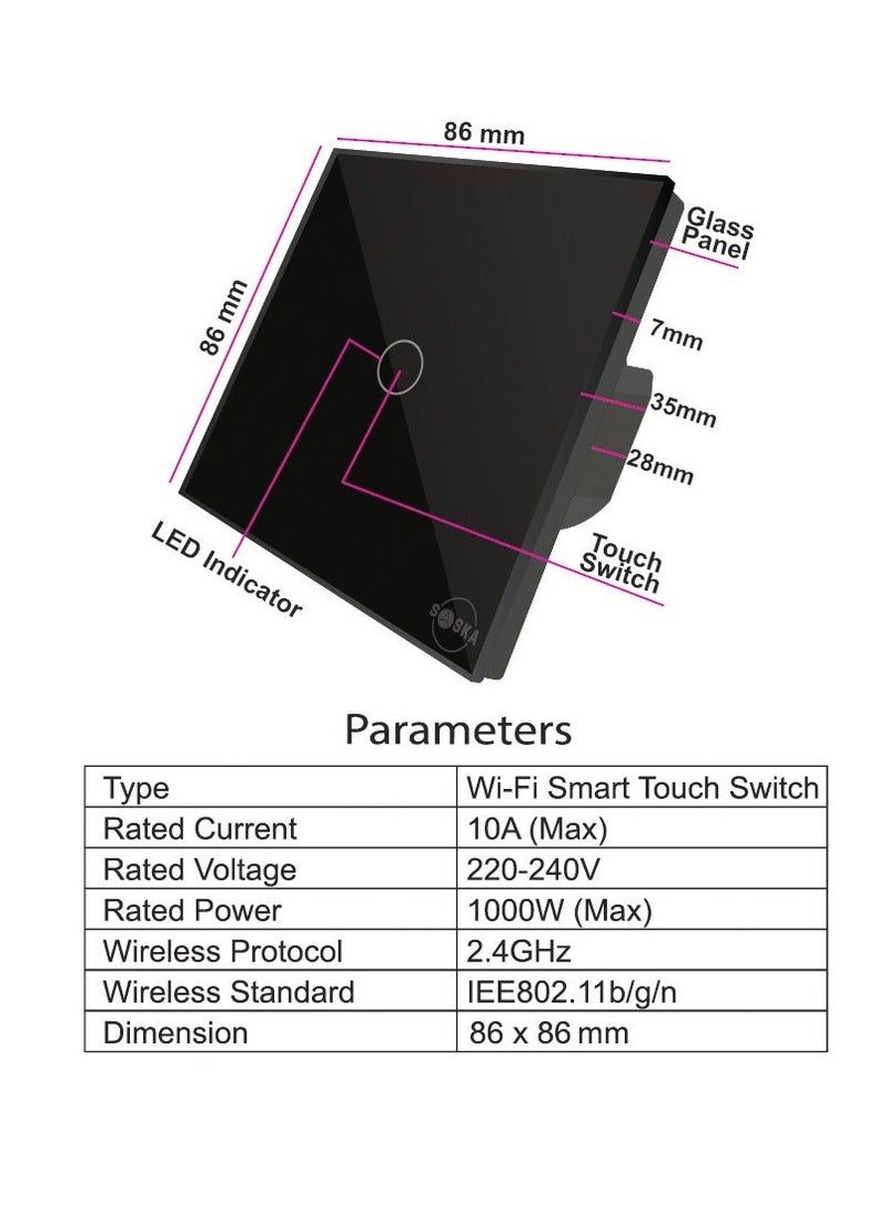 SASKA Smart Tuya Wifi Touch Light Switch (SJ-A1) Smartlife App Remote Control, Timing Function Voice Control Compatible with Google Home - No Neutral No Hub Needed (1Gang, Black) - Image 2