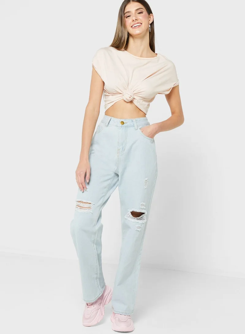 Ginger Mom Fit Jeans With Distress Detail
