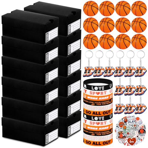 Fullhawl 12 Sets Mini Sneaker Boxes for Party Favors 472 x 256 x 197 Inches Mini Shoe Gifts Boxes with Editable Label Keychains Ball Bracelets Stickers for Sport Basketball Party SuppliesBlack - Image 1