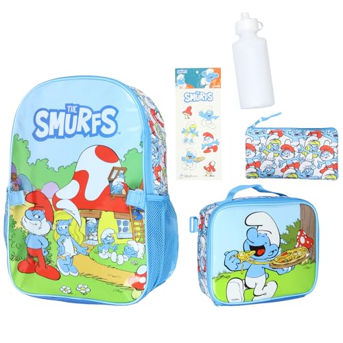 INTIMO The Smurfs Backpack 5-Piece Mega Set Travel Daypack Bag with Lunch Box Pencil Case Water Bottle and Stickers - Image 1