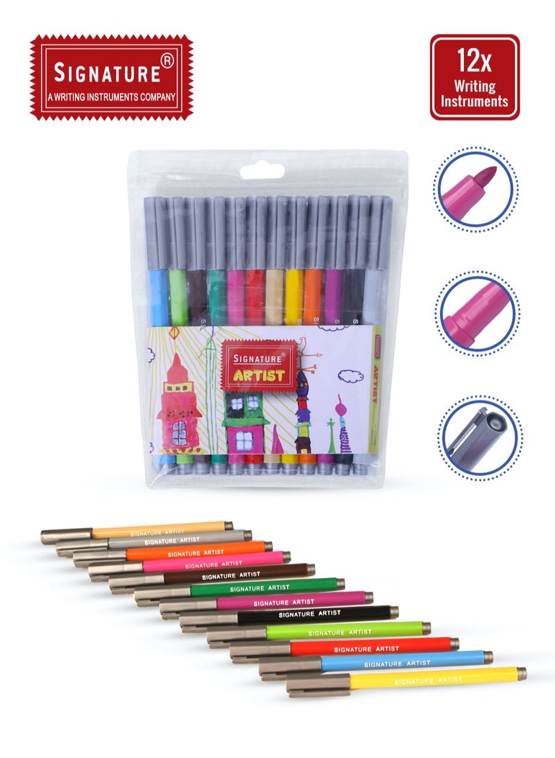 Signature Artist Markers Set, 12 Fibre Tip Pens – Finest Sketching & Drawing in Bright Colors