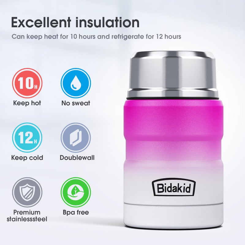 Bidakid Insulated Food Jar Set - 25.4oz & 17oz Stainless Steel Containers with Folding Spoon and Carrying Bags - Leak-Proof  Keeps Food Hot or Cold for up to 12 Hours - Ideal for Work  School  Travel - Image 3